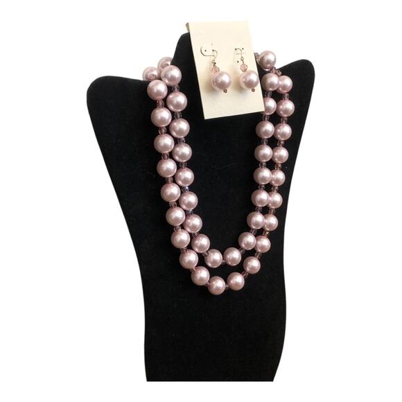 Handmade Light Pink Pearl Like Beads Long Necklace Matching Dangle Earrings Set - Picture 3 of 10